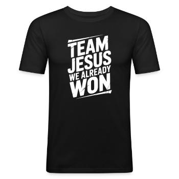 Team Jesus, wir haben bereits gewonnen - Männer Slim Fit T-Shirt - Schwarz - Vorne - Nik (191cm)