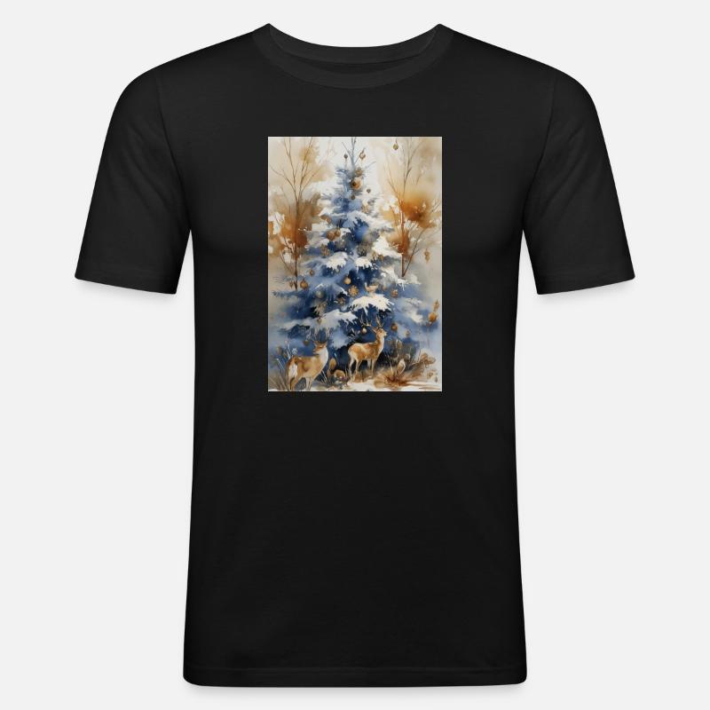 Blauer Weihnachtsbaum und Hirsch - Männer Slim Fit T-Shirt - Schwarz