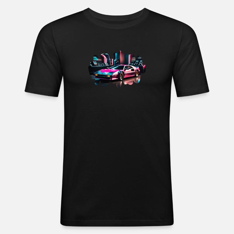 Retro Synthwave Sportwagen - Männer Slim Fit T-Shirt - Schwarz