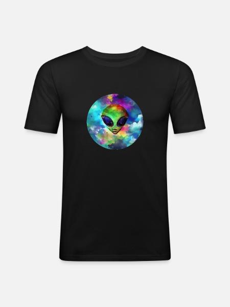 Tête d'Alien devant sa Planète - T-shirt près du corps Homme - noir