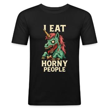 Zombie Einhorn mit schwarzem Humor - Männer Slim Fit T-Shirt - Schwarz - Vorne - Nik (191cm)