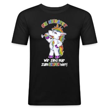 Sie Heiratet, wir sind zum Saufen hier JGA Einhorn - Männer Slim Fit T-Shirt - Schwarz - Vorne - Nik (191cm)