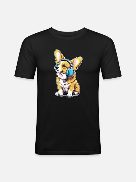 Corgi mit Kopfhörern - Männer Slim Fit T-Shirt - Schwarz