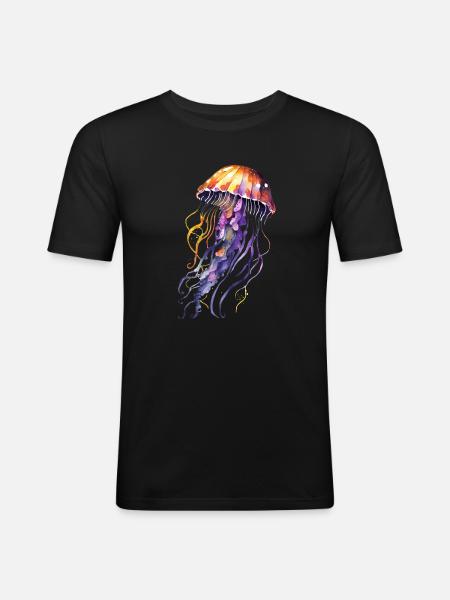 Qualle Aquarell - Männer Slim Fit T-Shirt - Schwarz