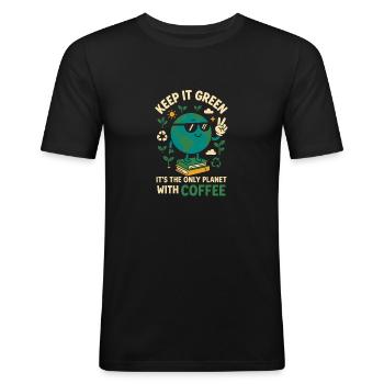 Keep it green – nur hier gibt’s Kaffee - Männer Slim Fit T-Shirt - Schwarz - Vorne - Nik (191cm)