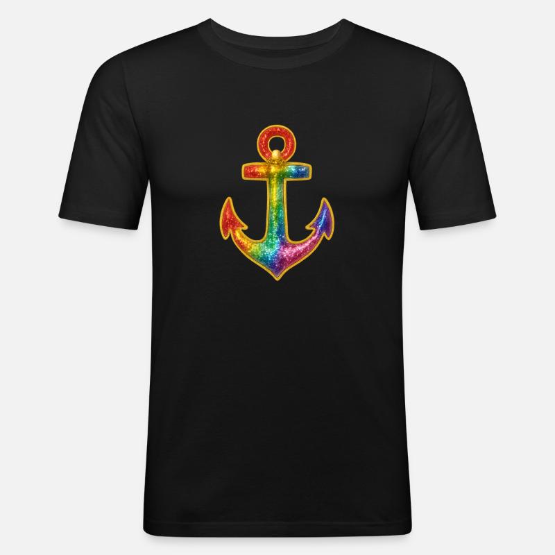 Leuchtender Anker in Regenbogenfarben - Männer Slim Fit T-Shirt - Schwarz
