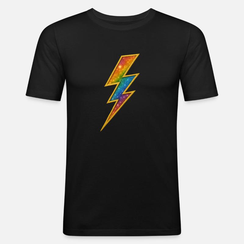 Regenbogen Blitz mit Goldrahmen - Männer Slim Fit T-Shirt - Schwarz