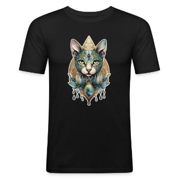 Geometrisches Katzen Mandala Aquarell Katze Tier - Männer Slim Fit T-Shirt - Schwarz - Vorne - Nik (191cm)