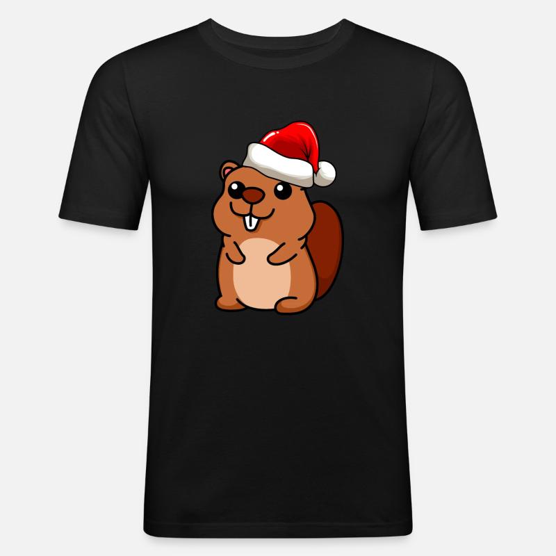 Biber Comic Weihnachten - Männer Slim Fit T-Shirt - Schwarz