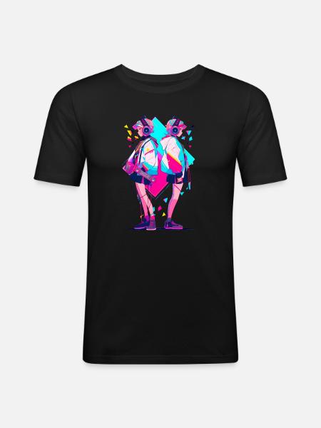 Anime Aesthetics Headphones Twins - Männer Slim Fit T-Shirt - Schwarz