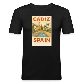 Cadix, Espagne – Plaza des affiches de voyage aquarelle - T-shirt près du corps Homme - noir - Devant - Nik (191cm)