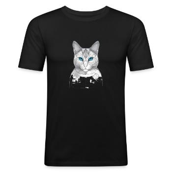 Portrait of Robot cat. Drawing, blue colored eyes - Men's Slim Fit T-Shirt - black - Front - Nik (191cm)