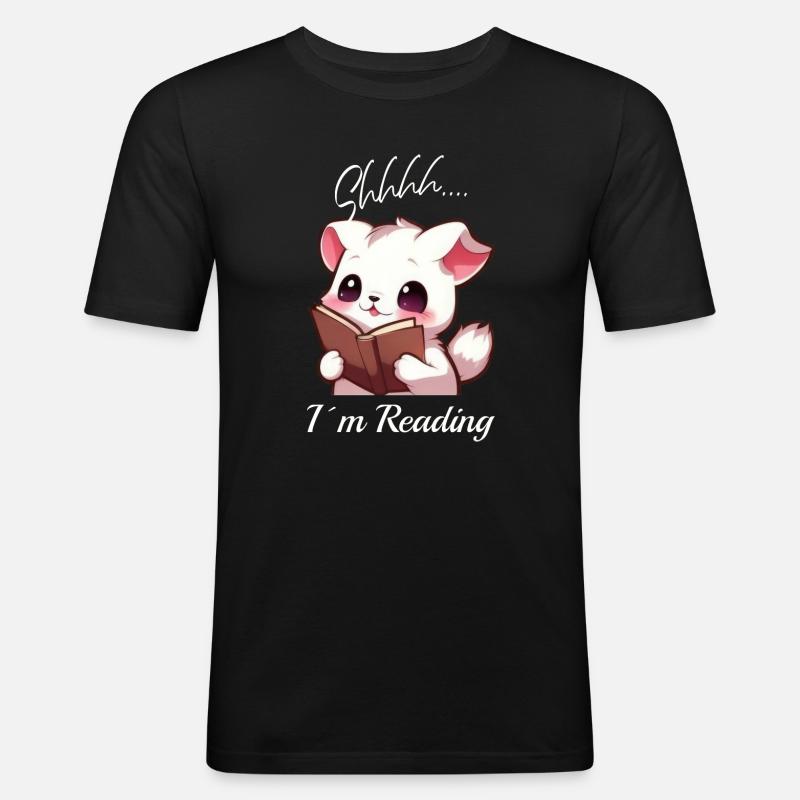 Katze mit Buch - Männer Slim Fit T-Shirt - Schwarz