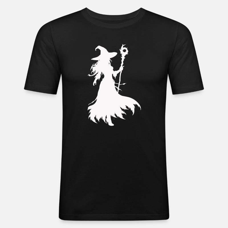 Silhouette di strega con bastone - Maglietta aderente da uomo - nero