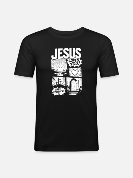 Jesus Loves You Comic Design - Männer Slim Fit T-Shirt - Schwarz