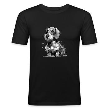 Rauhaardackel gezeichnet - Dackel gemalt - Männer Slim Fit T-Shirt - Schwarz - Vorne - Nik (191cm)