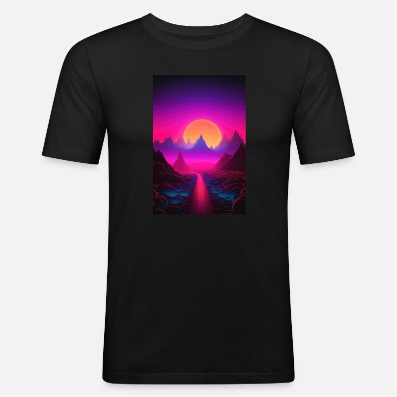 Luminous Peaks: Synthwave Serenity - Männer Slim Fit T-Shirt - Schwarz