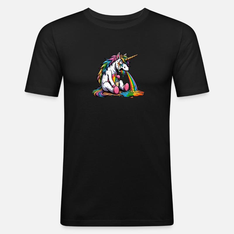 Regenbogen kotzendes Einhorn - Männer Slim Fit T-Shirt - Schwarz