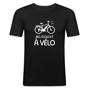 Bio, écolo et à vélo ! Humour cycliste/écologie - T-shirt près du corps Homme - noir - Devant - Nik (191cm)