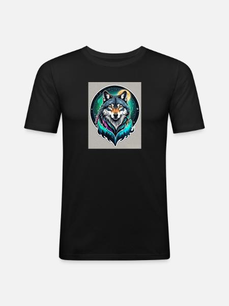 Aurora-Wolf im Mondlicht - Männer Slim Fit T-Shirt - Schwarz