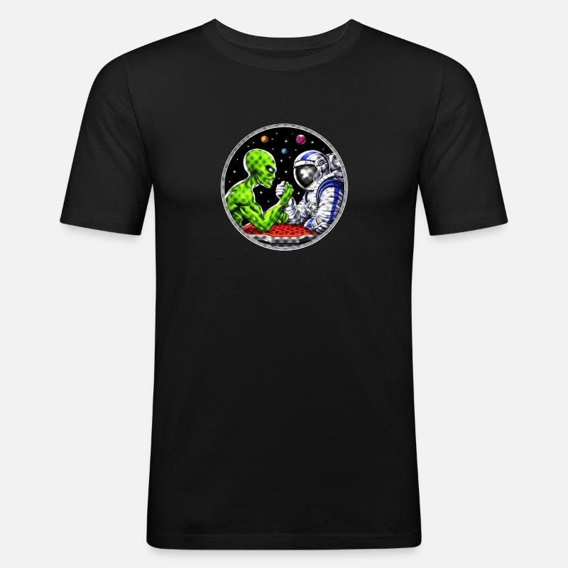 Außerirdischer Astronaut Armdrücken - Männer Slim Fit T-Shirt - Schwarz