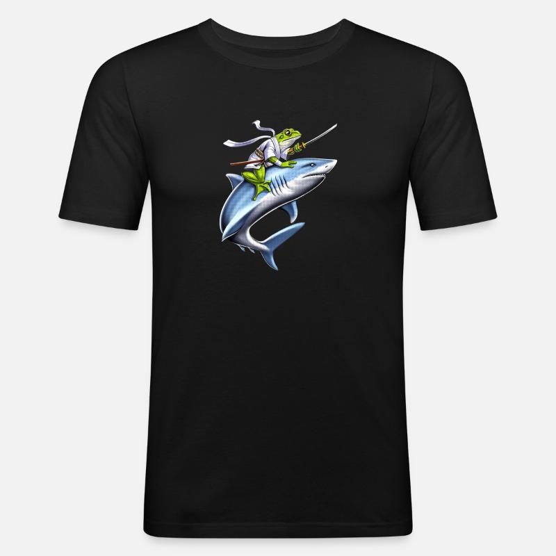 Frosch Samurai Ninja Reitender Hai - Männer Slim Fit T-Shirt - Schwarz