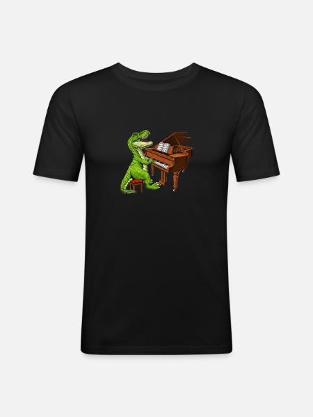 T Rex Dinosaur Playing Piano - Men's Slim Fit T-Shirt - black
