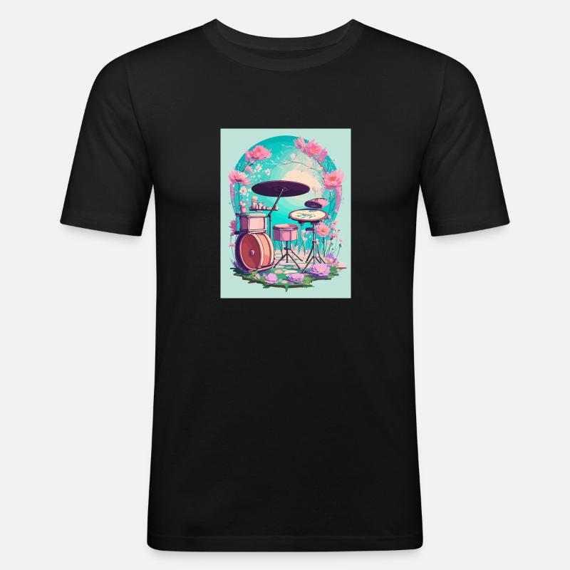 Perkussion in Blumen - Männer Slim Fit T-Shirt - Schwarz
