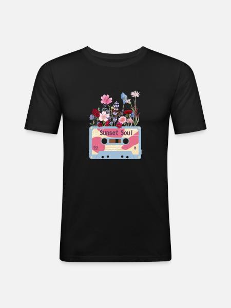Florale Retro-Videokassette - Männer Slim Fit T-Shirt - Schwarz