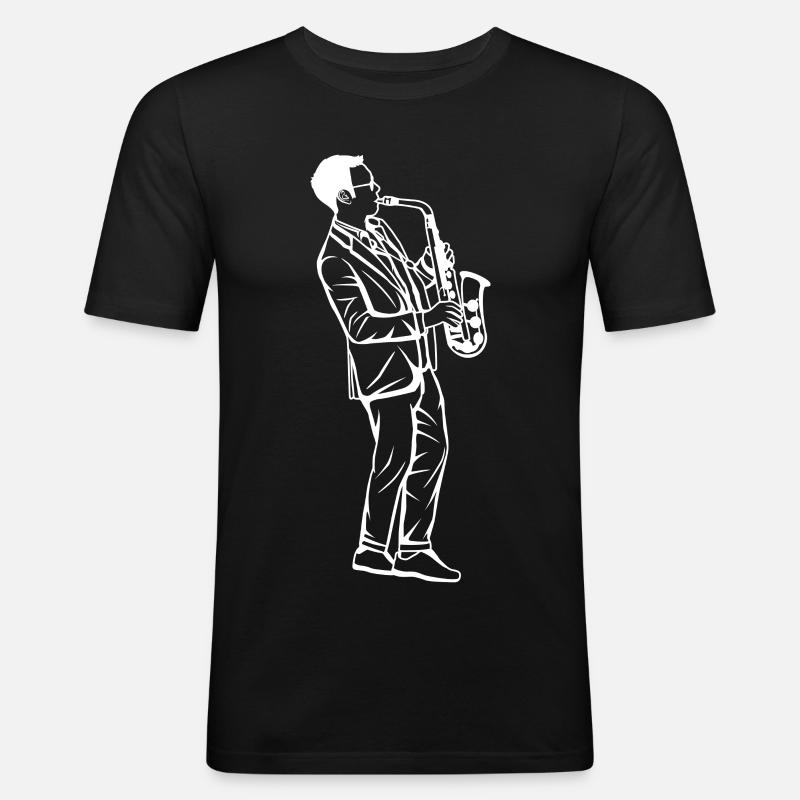 Saxophon Junge Zeichnung - Männer Slim Fit T-Shirt - Schwarz