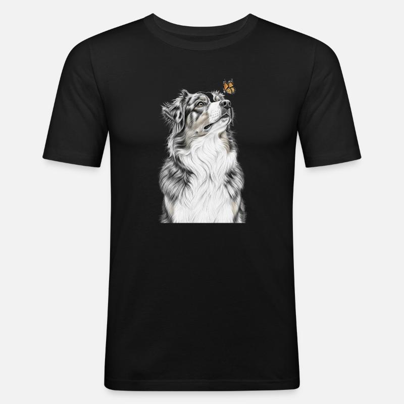 Aussie blickt Schmetterling Australian Shepherd - Männer Slim Fit T-Shirt - Schwarz