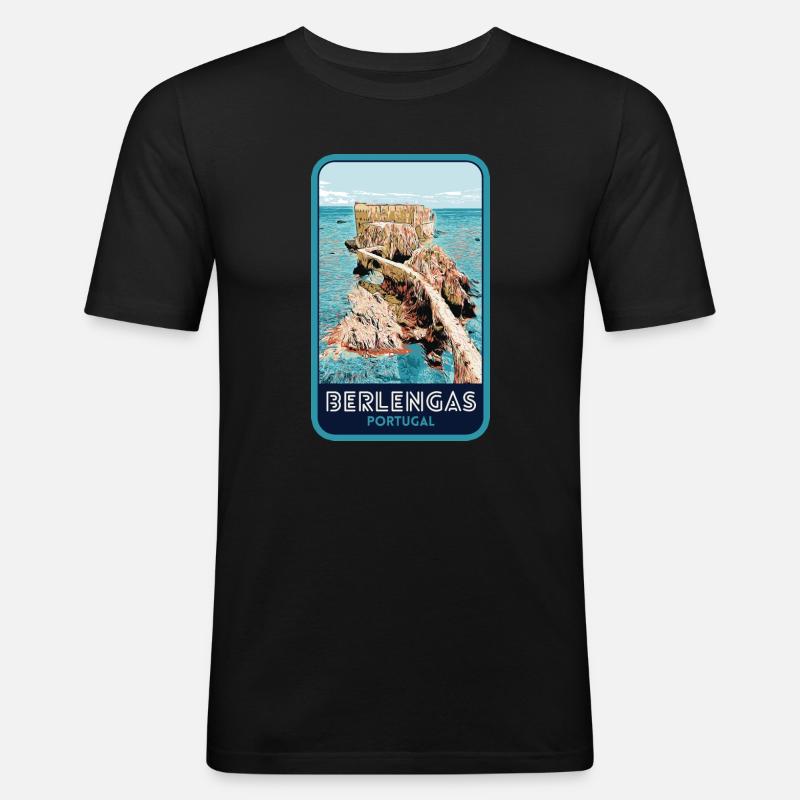 Illustration der Berlengas-Inseln, Peniche - Männer Slim Fit T-Shirt - Schwarz