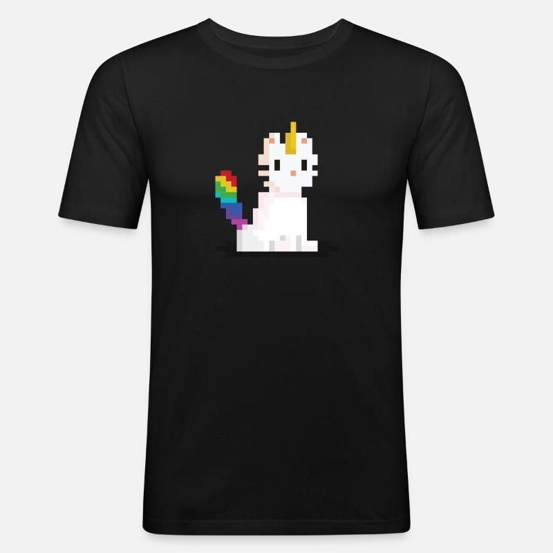Pixel Einhorn Katze - Männer Slim Fit T-Shirt - Schwarz