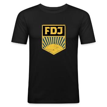 FDJ Retro Logo DDR Pioniere - Männer Slim Fit T-Shirt - Schwarz - Vorne - Nik (191cm)