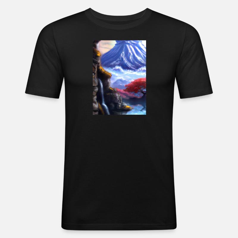 Japan Tower Wasserfall Gemälde - Männer Slim Fit T-Shirt - Schwarz