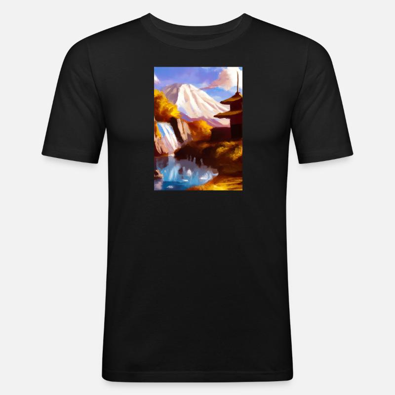 Japan Tower Wasserfall Gemälde - Männer Slim Fit T-Shirt - Schwarz