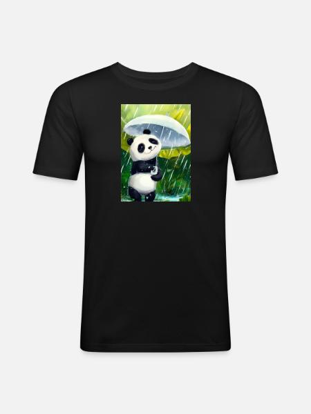 Panda mit Blattschirm - Männer Slim Fit T-Shirt - Schwarz