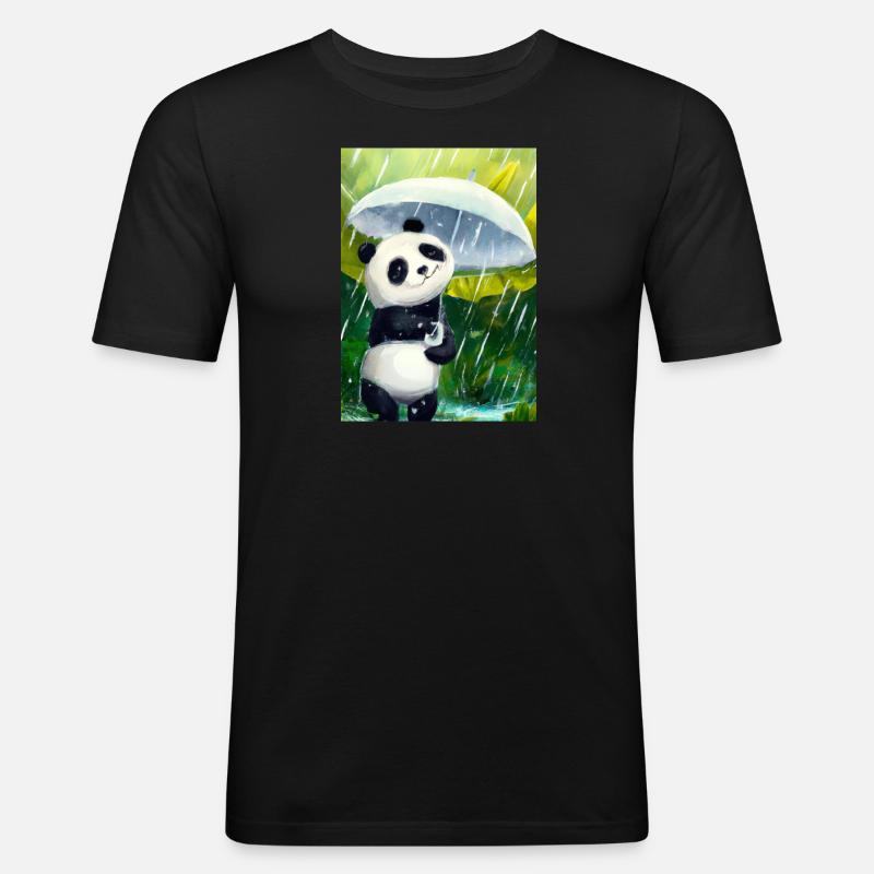 Panda mit Blattschirm - Männer Slim Fit T-Shirt - Schwarz
