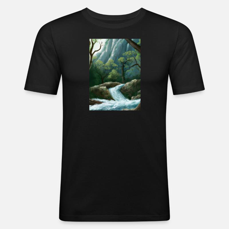 Forest River Wasserfall - Männer Slim Fit T-Shirt - Schwarz