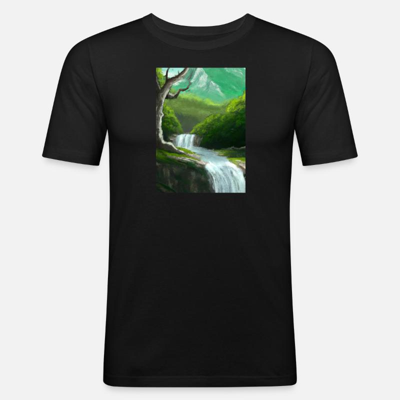 Forest River Wasserfall - Männer Slim Fit T-Shirt - Schwarz