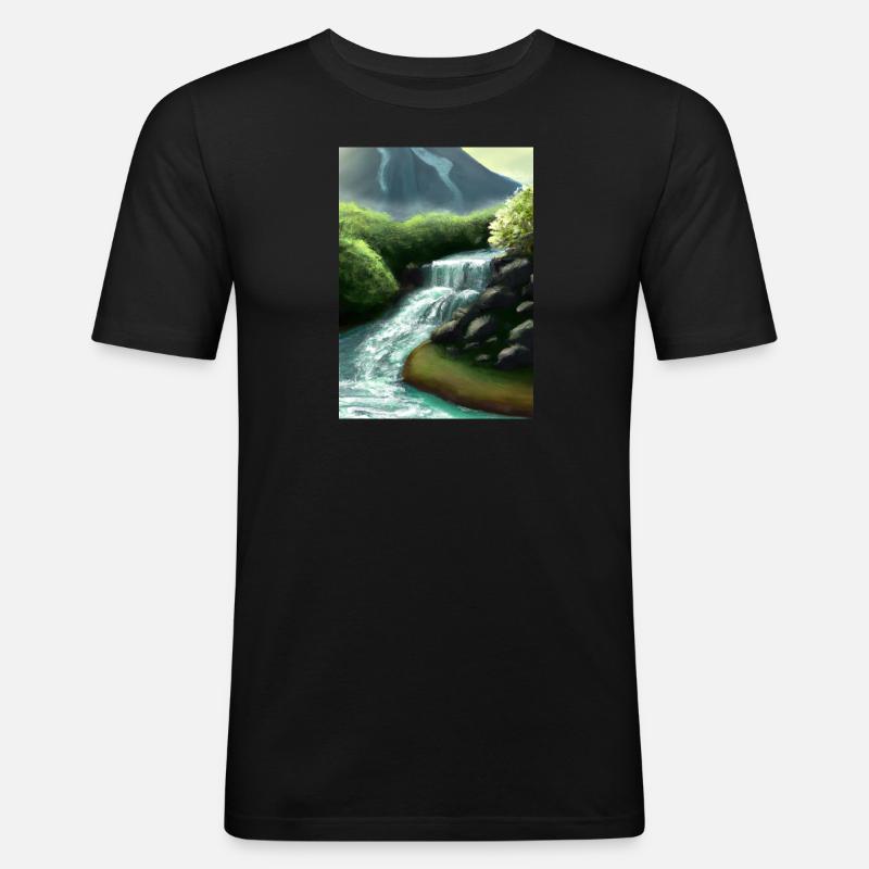 Forest River Wasserfall - Männer Slim Fit T-Shirt - Schwarz