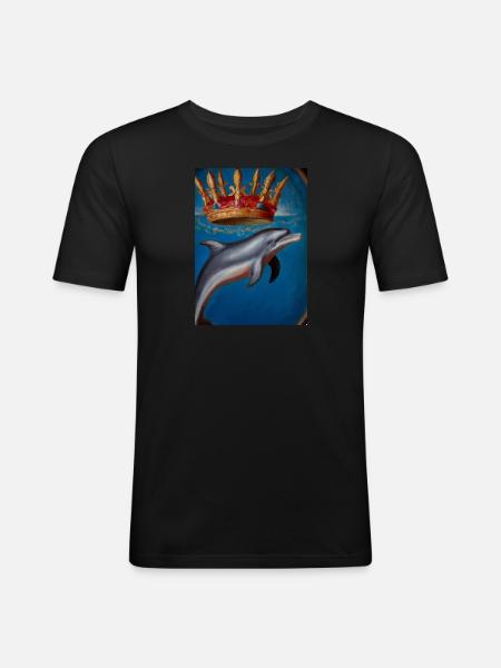Delfin mit Krone - Männer Slim Fit T-Shirt - Schwarz