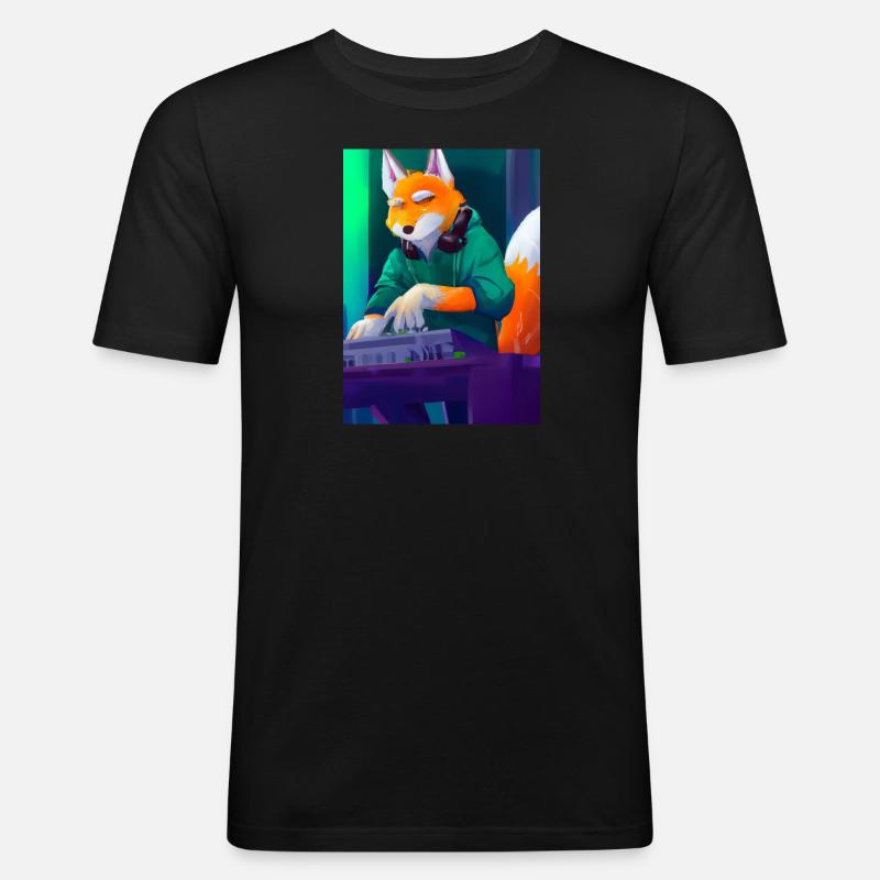 Fox am DJ-Pult - Männer Slim Fit T-Shirt - Schwarz