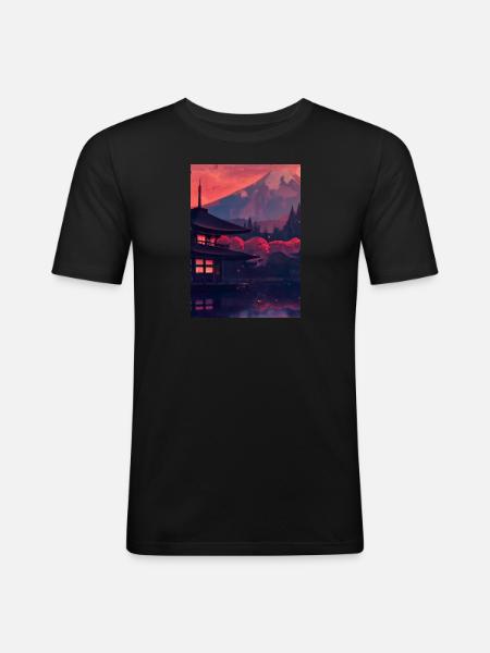 Roter japanischer Berg - Männer Slim Fit T-Shirt - Schwarz