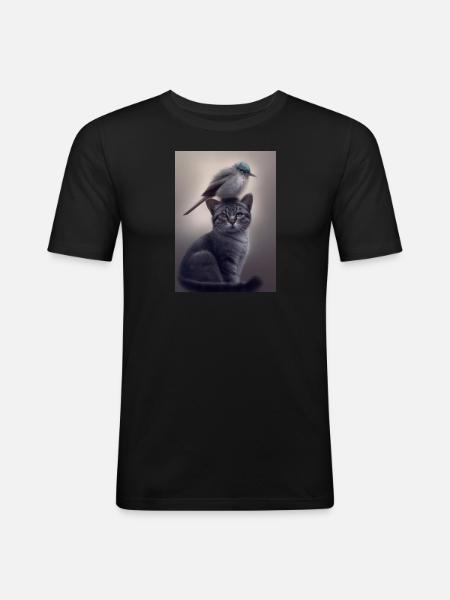 Vogel sitzt auf Katze - Männer Slim Fit T-Shirt - Schwarz