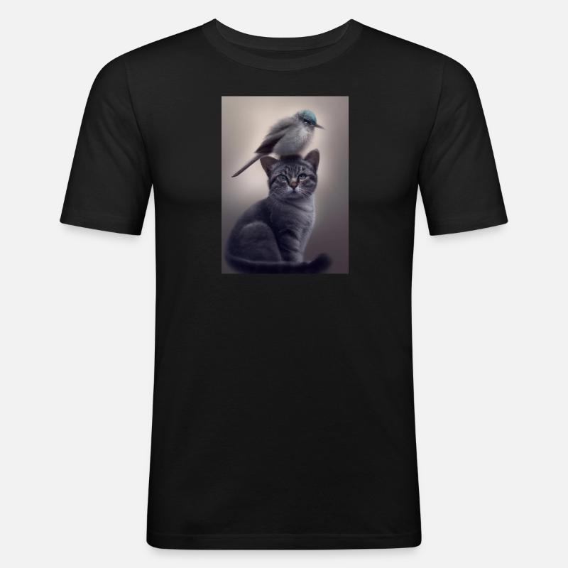 Vogel sitzt auf Katze - Männer Slim Fit T-Shirt - Schwarz
