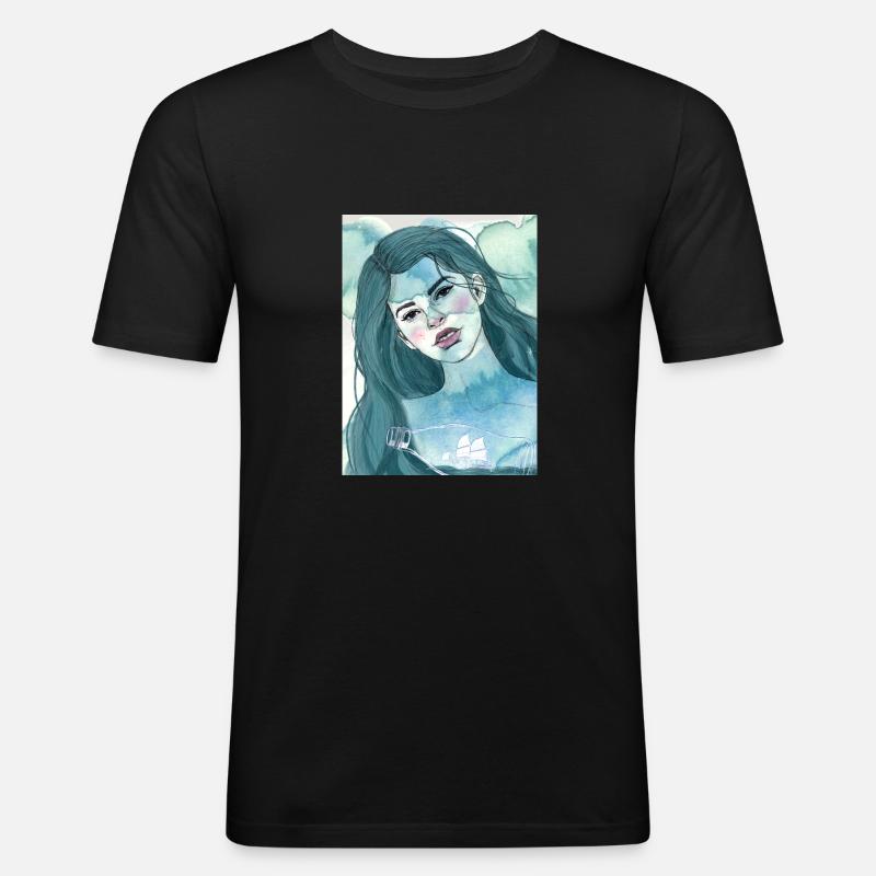 Mädchen mit Flaschenschiff - Männer Slim Fit T-Shirt - Schwarz