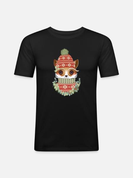 niedlicher Fuchs mit Pullover,Bommelmütze & Kranz - Männer Slim Fit T-Shirt - Schwarz