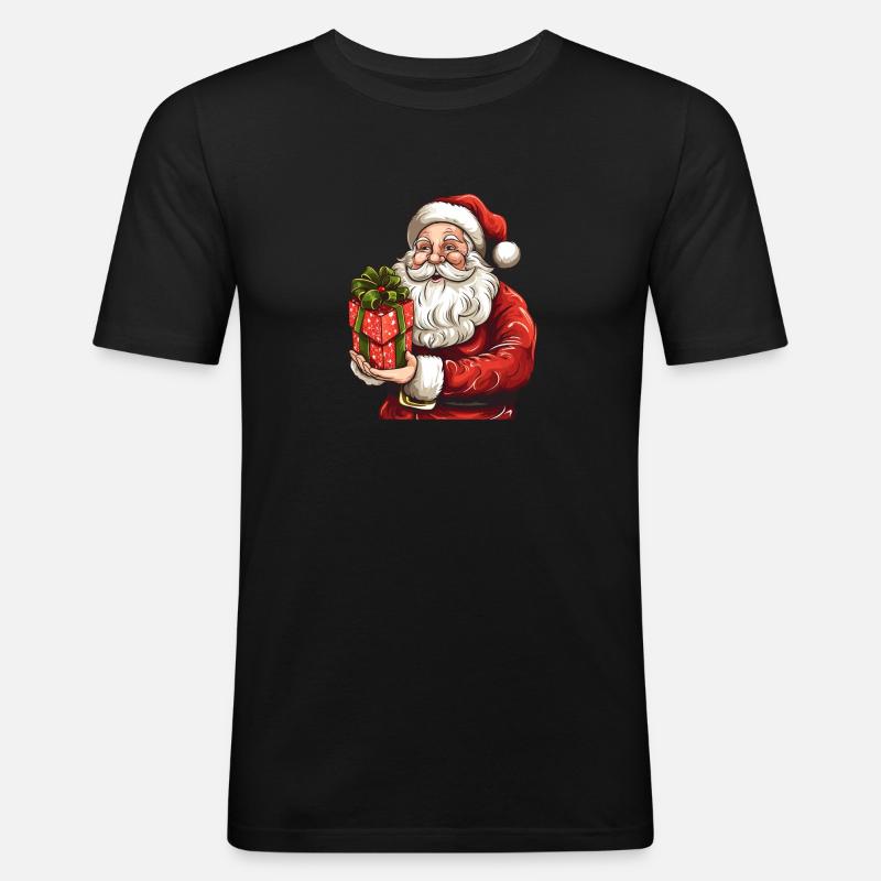 Knuffiger Weihnachtsmann mit Weihnachtsgeschenk - Männer Slim Fit T-Shirt - Schwarz