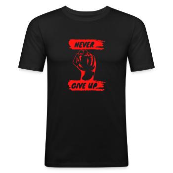 Never Give Up Motivation Fitness Motif - Men's Slim Fit T-Shirt - black - Front - Nik (191cm)